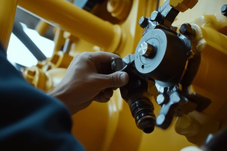 Engineer adjusting hydraulic components in a heavy crane. Featuring expertise and safety