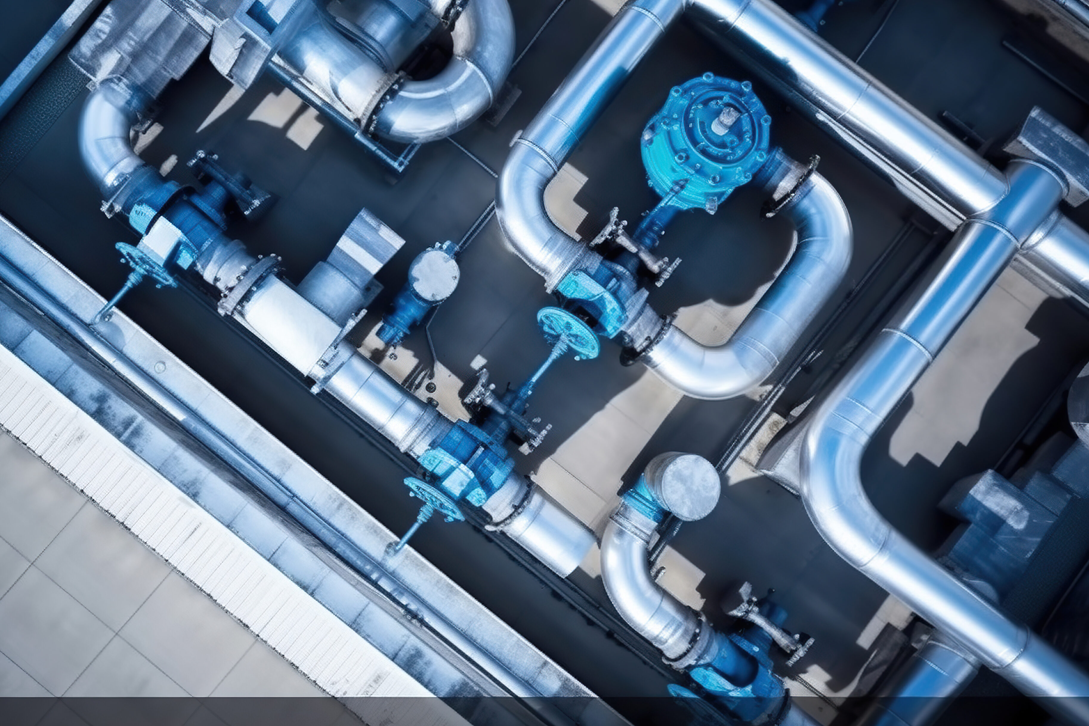 Top view of steel water piping structure with circulation pumps and valves in industrial building, Generative AI